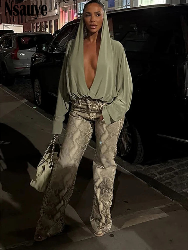 Nsauye 2025 Autumn Winter New Women Sexy Long Sleeve Hooded Bodysuit Streetwear Fashion Body Tops Fashion Solid Lady Jumpsuit