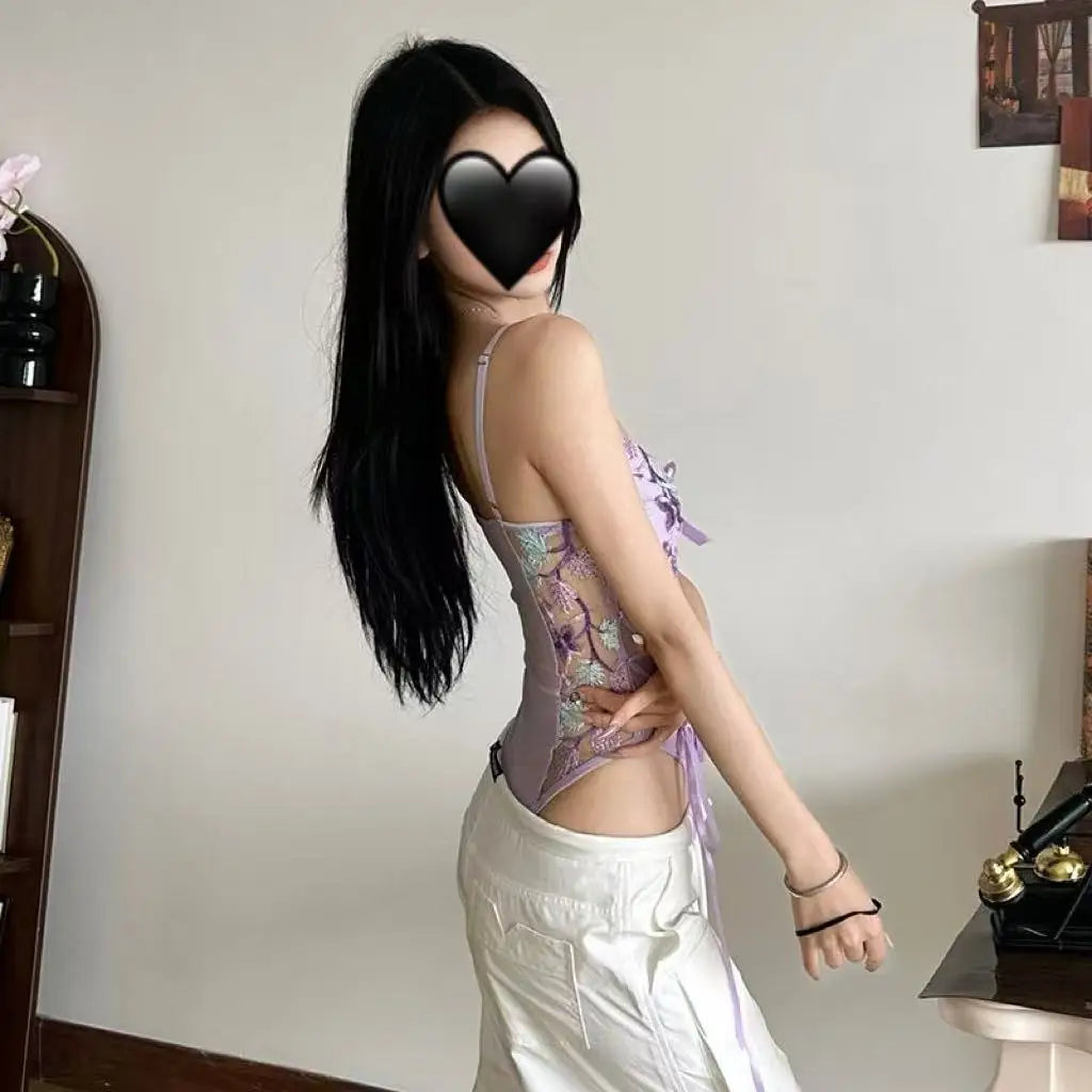 Sexy Butterfly Floral Bodysuit Embroidery See-through Mesh