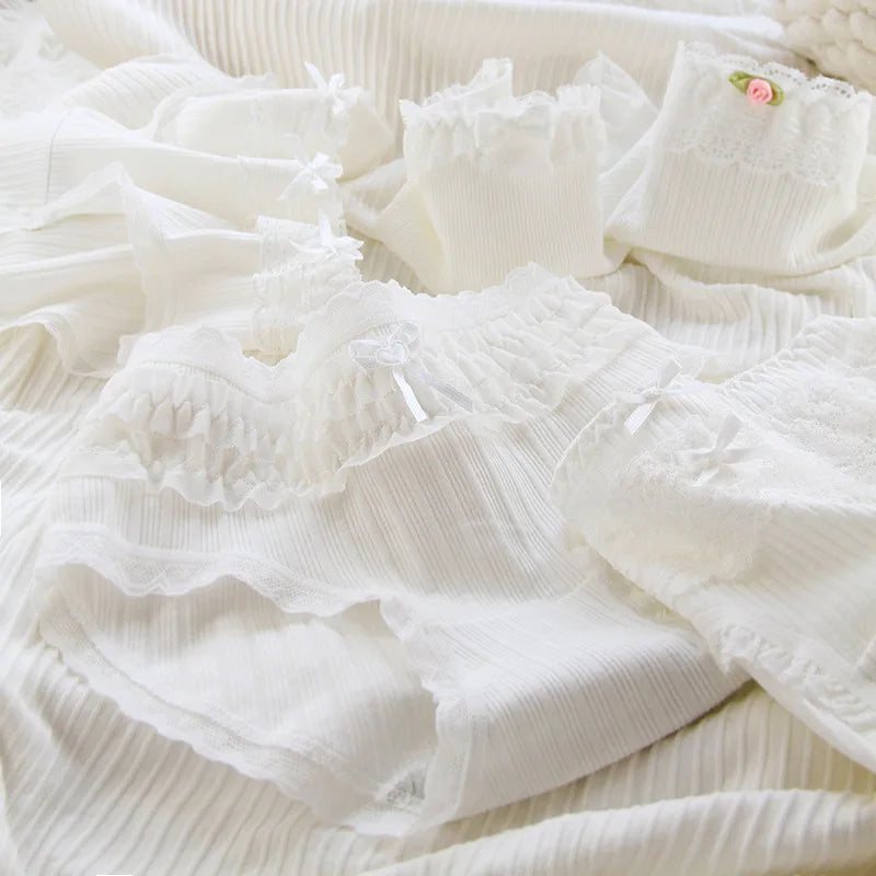 Women's Cotton Panties - White Lace, Seamless, 5 Pieces