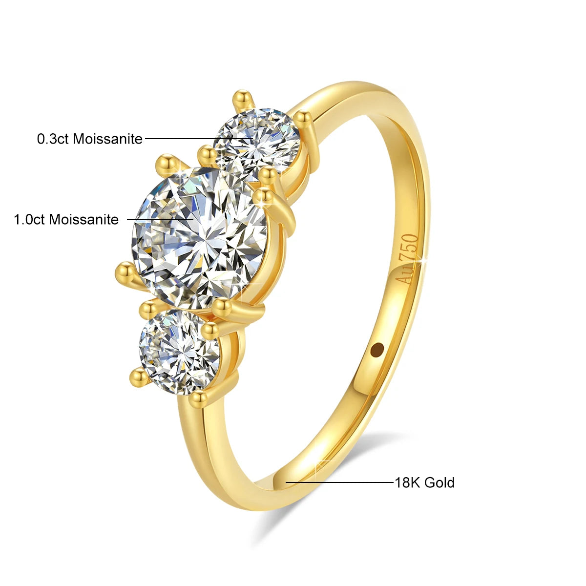 Nhẫn Vàng 18K Nữ 3 Kim Cương Moissanite Cao Cấp
