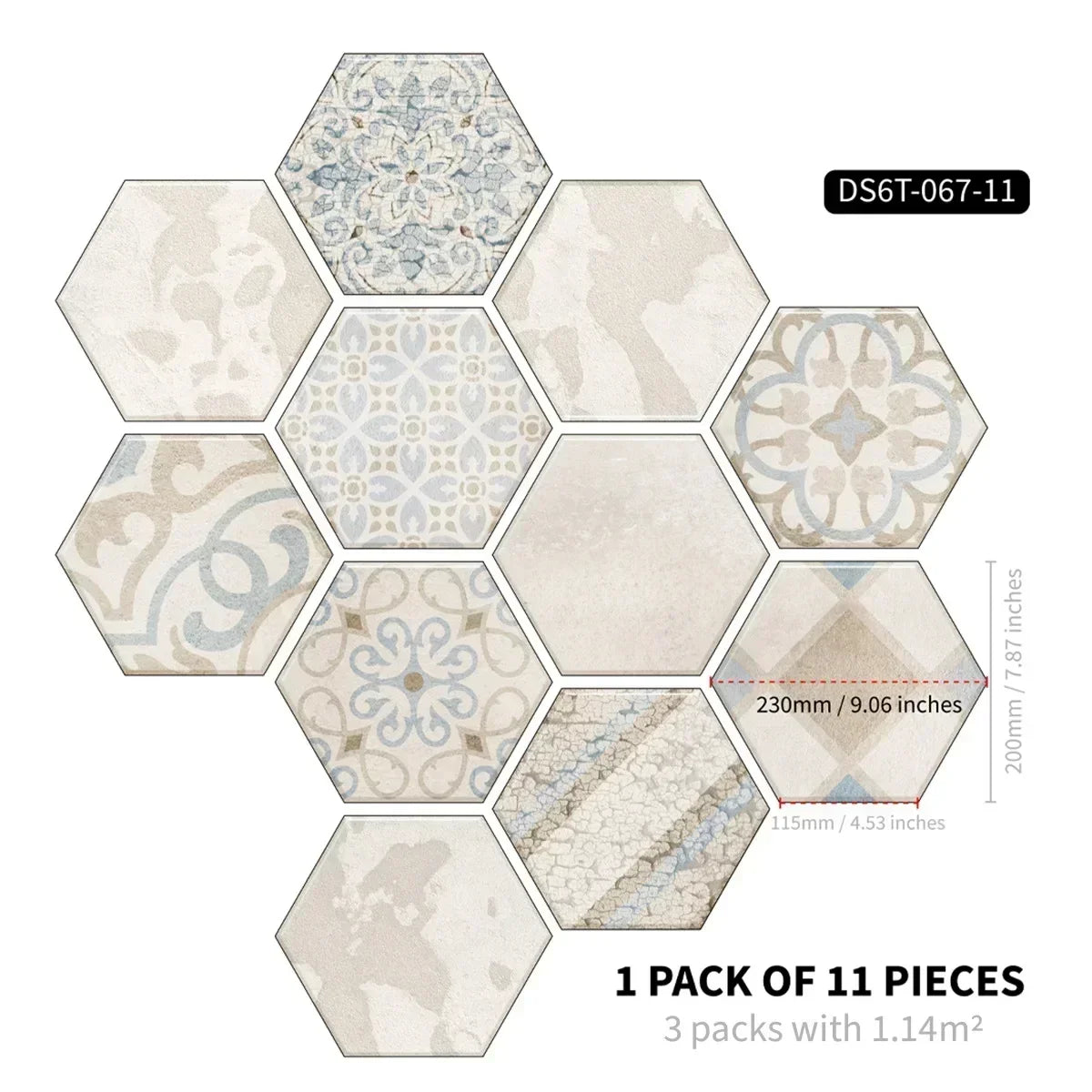 22PCS Self-adhesive Moroccan Style Hexagonal Diagonal Floor Stickers Non-slip Waterproof Decals for Kitchen Bathroom Decoration