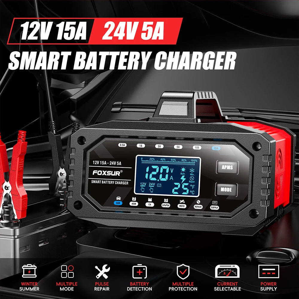 Car Battery Charger Protect Quick Charger Multiple Protections Intelligent Full Automatic 12V/24V LCD Display
