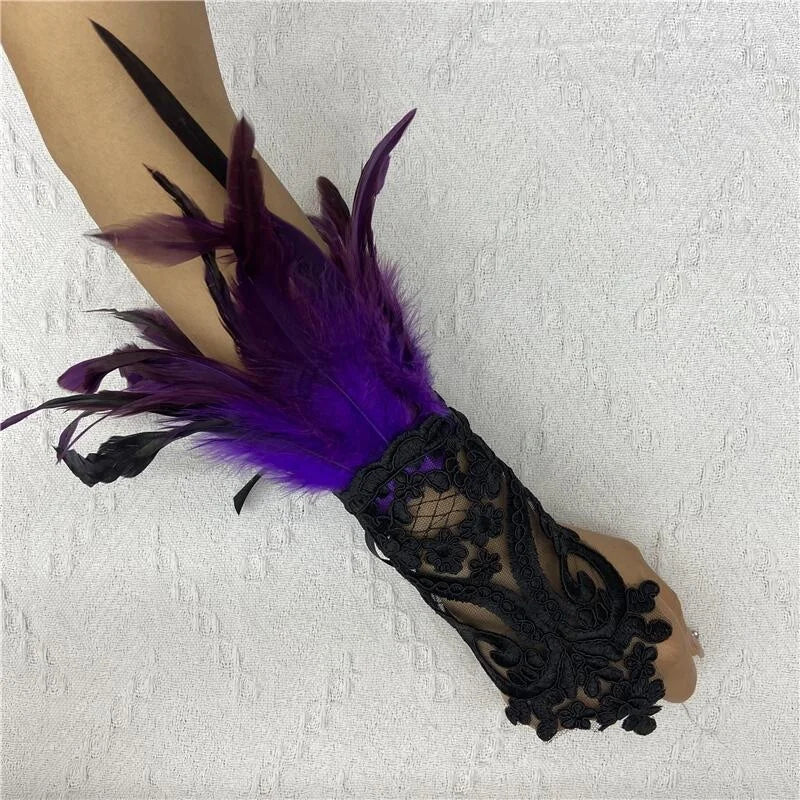 Mesh Gloves Women Halloween Lolita Cosplay Y2k Feather Cuffs Fingerless Mittens Lace Black Long Rave Accessories Feather Apparel - Daisan Mart