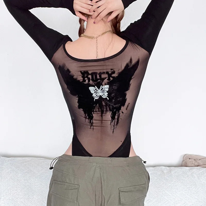 Goth Dark Mall Gothic Mesh See Through Butterfly Print Skinny Bodysuits Sexy Backless V-neck Overalls Y2K Grunge Street Bodysuit
