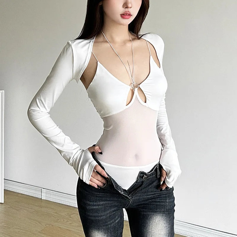 Goth Dark Cyber ​​Y2K Techwear Mall Gothic Hollow Out Straps Skinny Bodysuits With Long Sleeve Crop Shrug Tops Women 2 Piece Sets