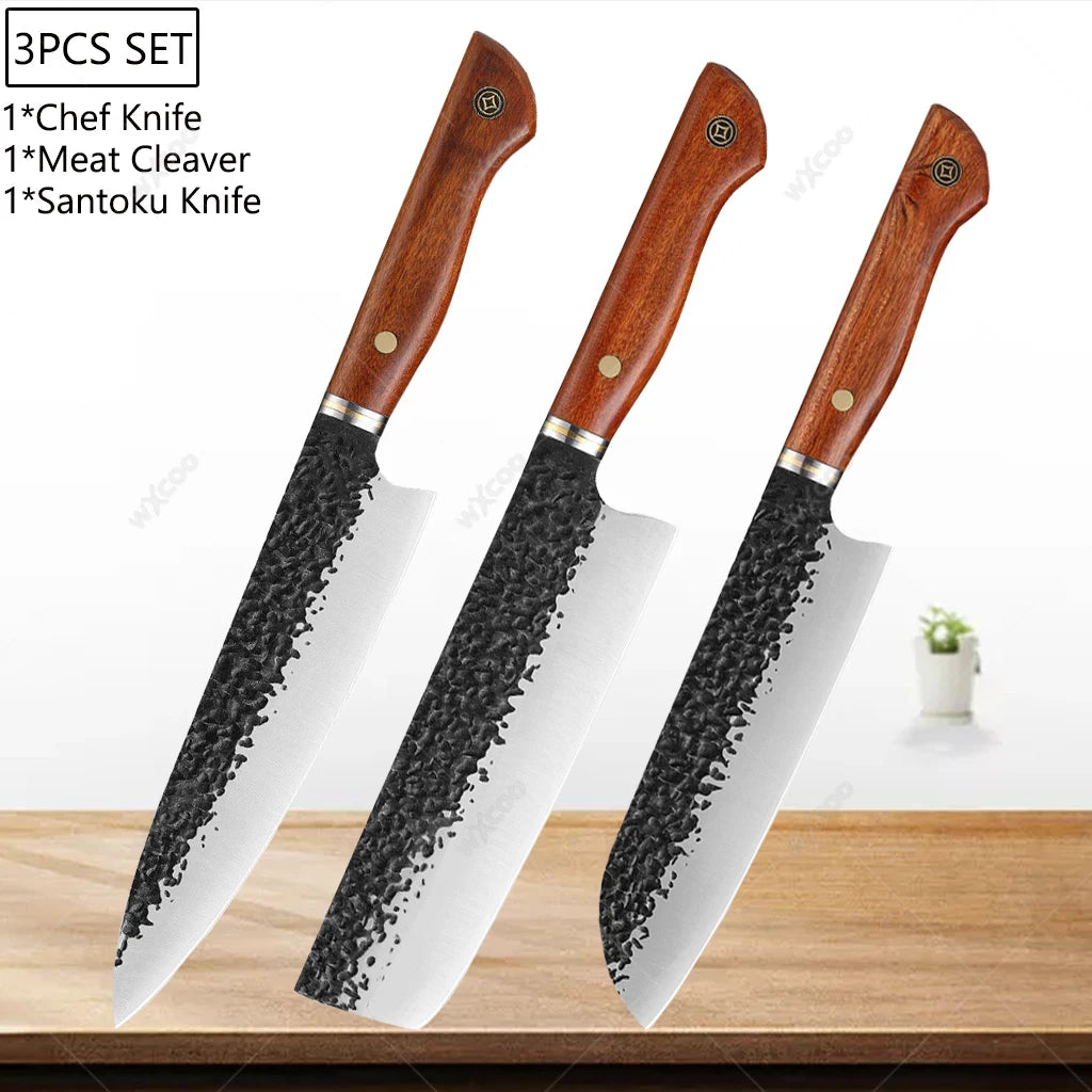 5CR15MOV Steel Chef Knife Set with Wooden Handle Forged Meat Cleaver Japanese Santoku Knife Kitchen Knife Storage Bag - Daisan Mart