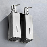 Hai bình đựng xà phòng inox treo tường, thiết kế hình hộp chữ nhật, màu bạc, vòi bơm kim loại.