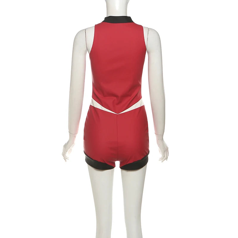 Women's Bodysuit Personality Leather Color-block Zipper Bodycon