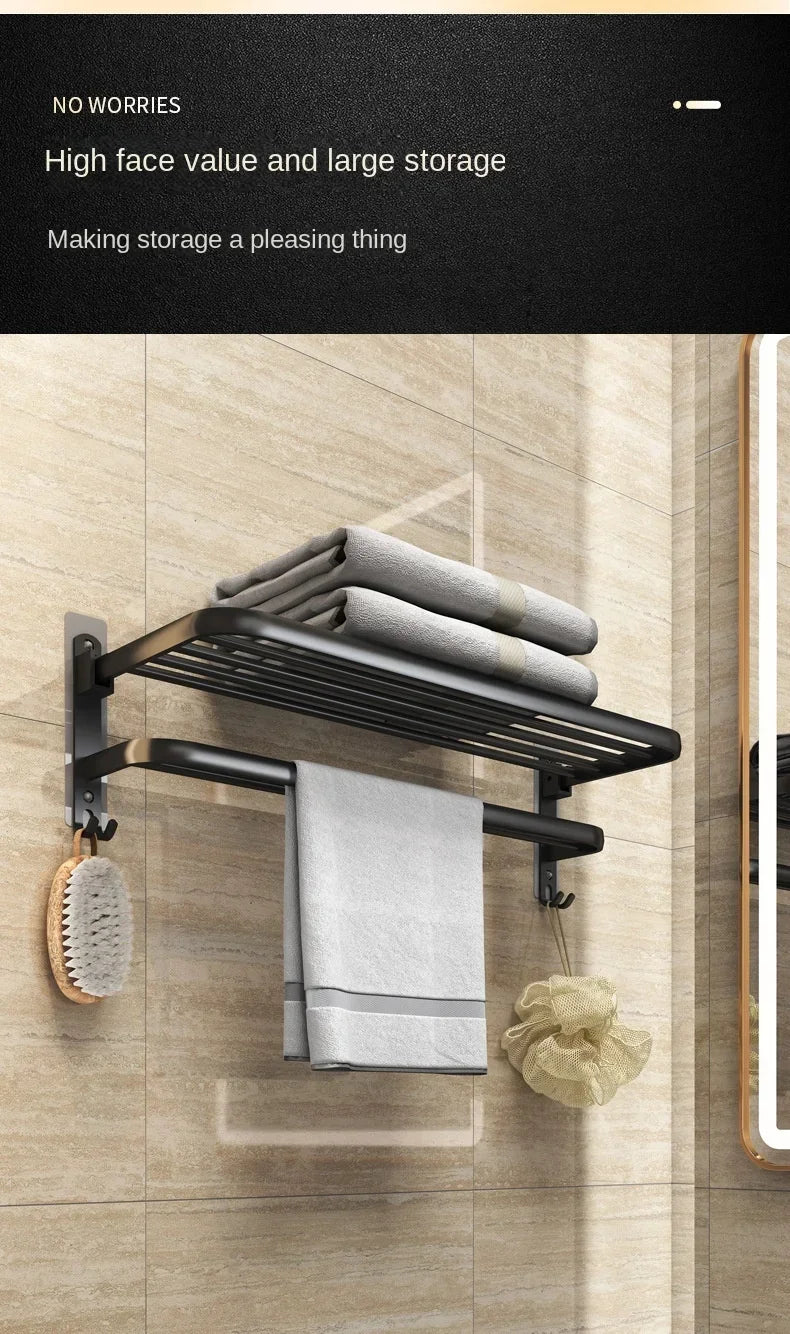 40/50/60CM No Drilling Towel Rack Fold Self-adhesive Wall Hanger Rail Bracket Black Aluminum Shower Bathroom Accessories Holder