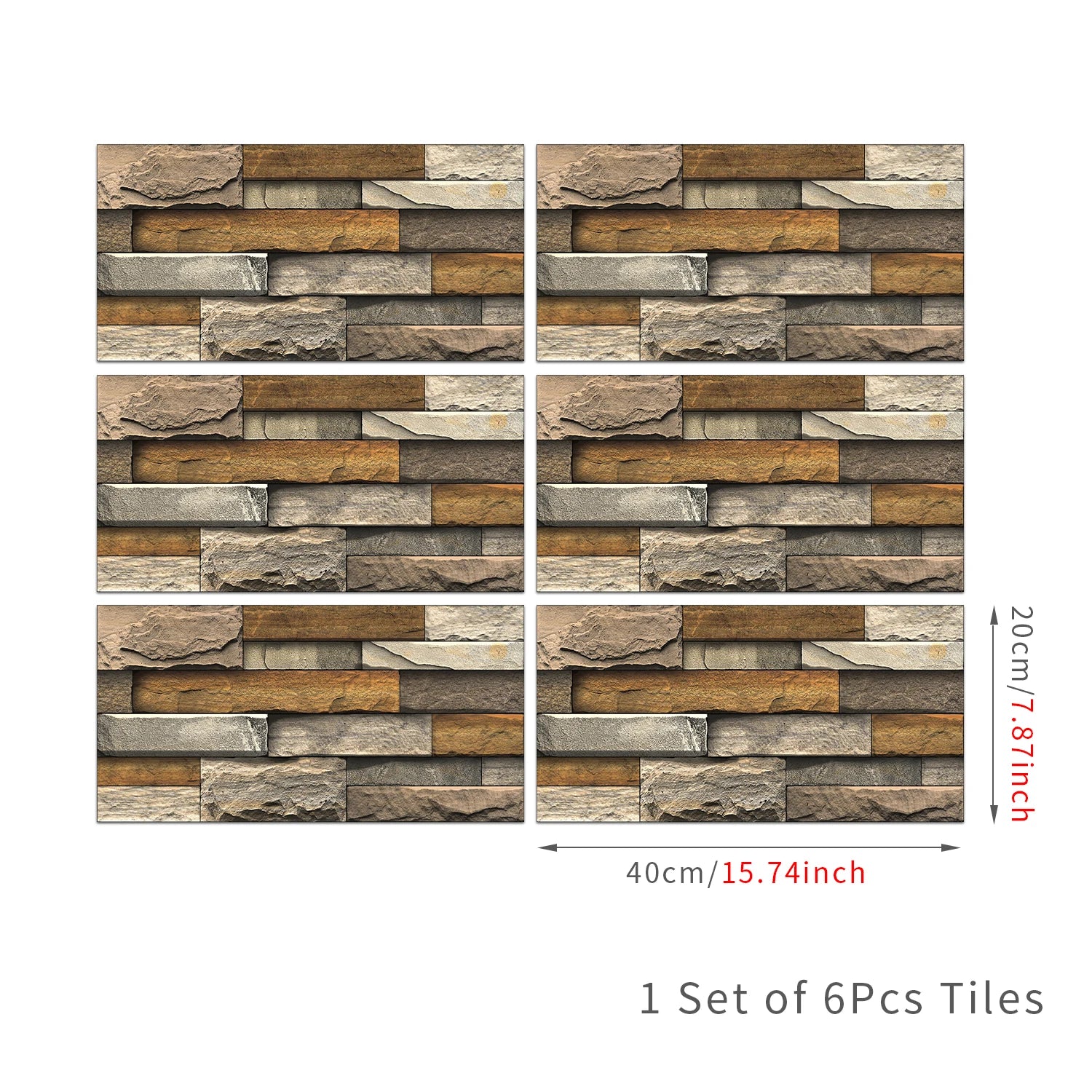 6Pcs 3D Self-Adhesive Wall Sticker 30x15cm Oil Proof Waterproof Brick Stone Imitation Brick Tile Stone Particle Wallpaper Decals