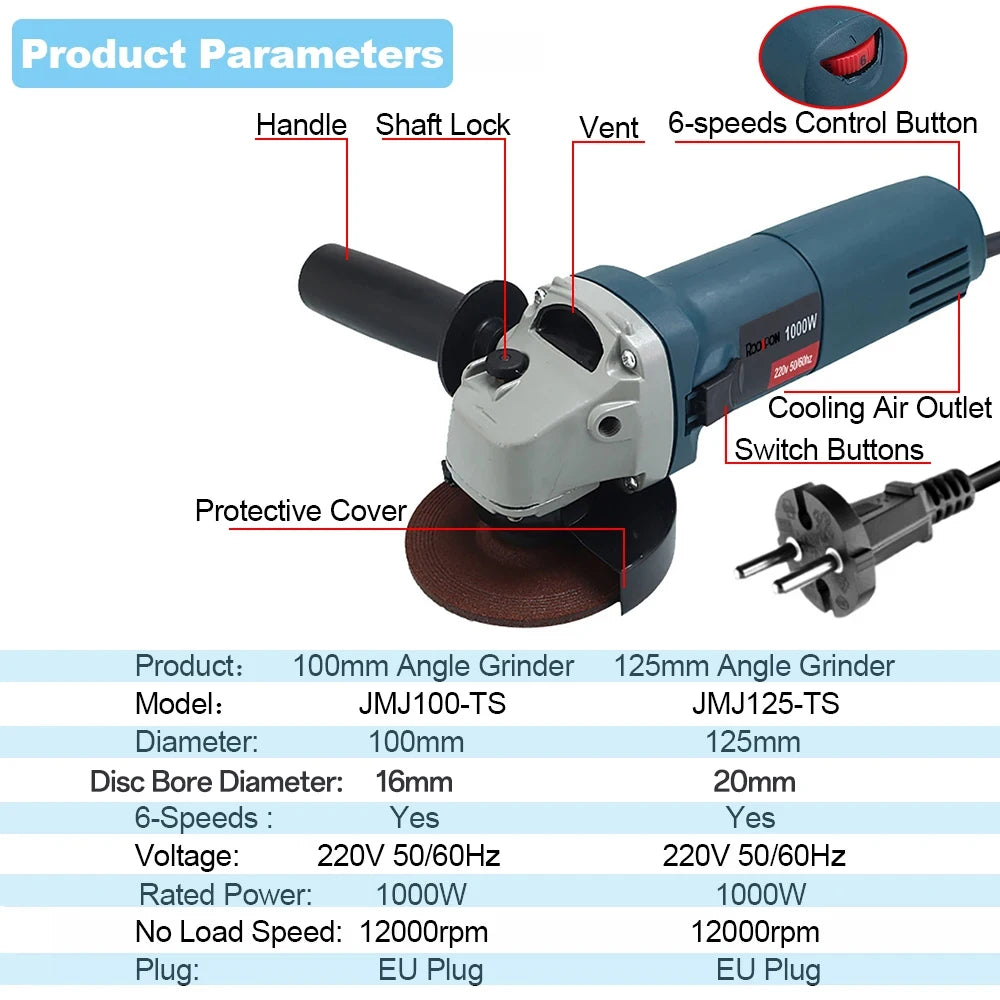 1000W Electric Angle Grinder 220V Corded Grinder Machine 6 Speeds 100/125mm Electric Grinding Cutting Polishing Power Tools