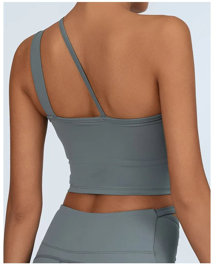 Yoga Tank Top with Built-in Bra Asymmetric Single Shoulder Quick-Dry Breathable High Elasticity Workout Gym Fitness Clothes - Daisan Mart