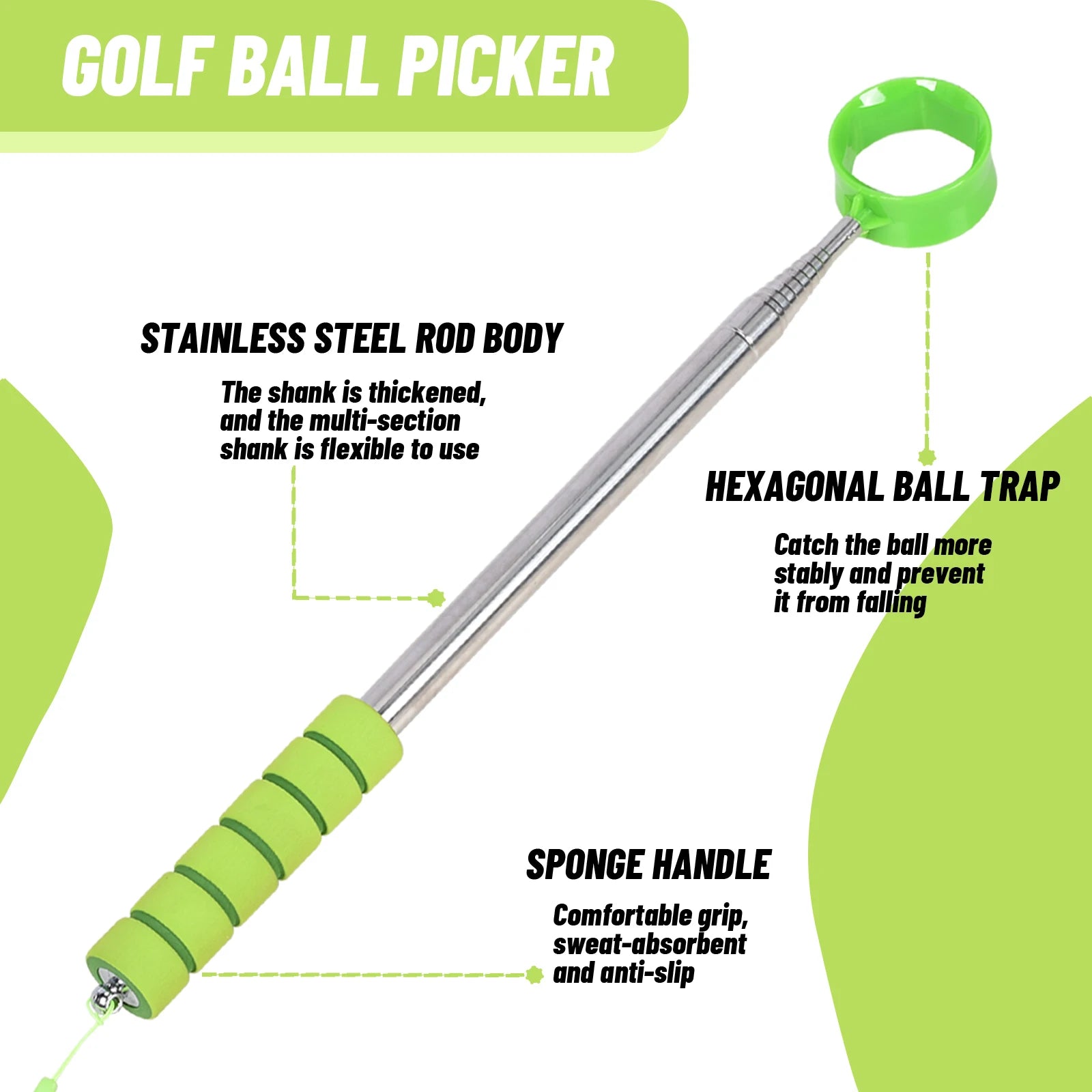 2-sided stainless steel golf ball picker, durable, compact