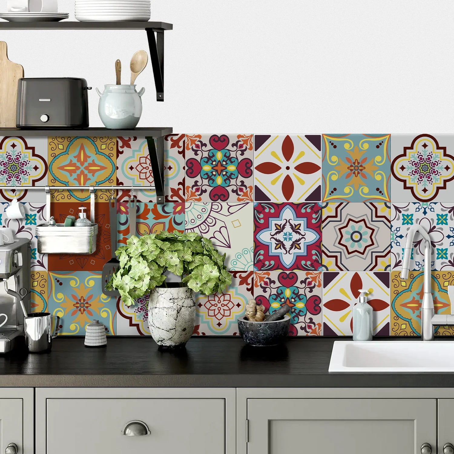 24pcs Of Exquisite Colorful Tile Stickers European Style Wall Stickers Pvc Waterproof Bathroom Kitchen Self-Adhesive Wallpaper