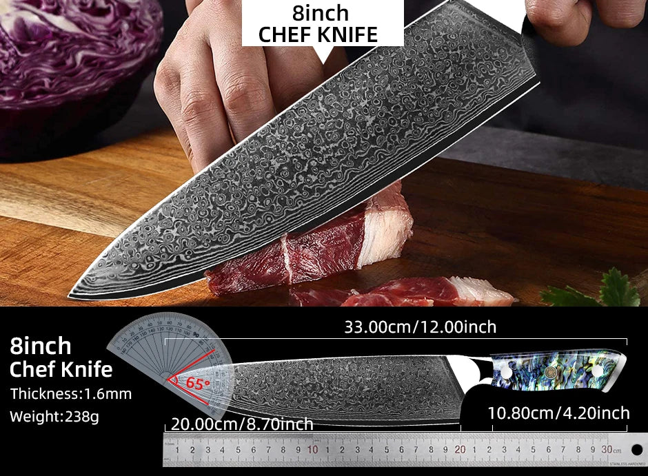 Dao Bếp Damascus VG10 67 Lớp Tay Cầm Vỏ Bào Ngư