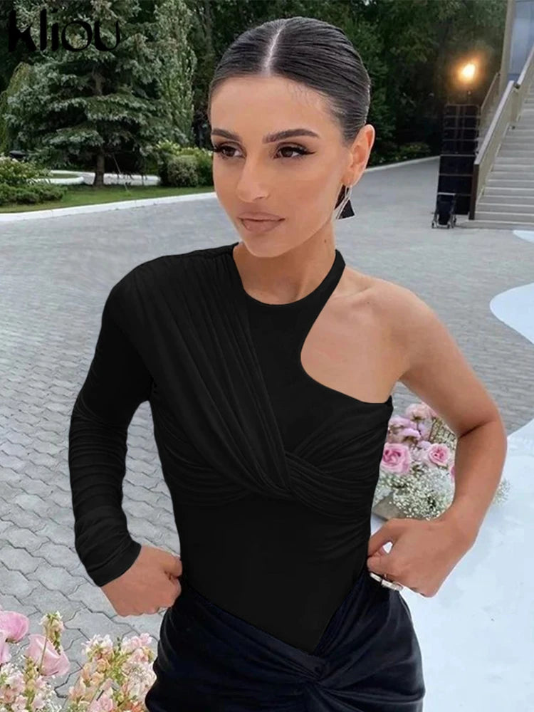 kliou Classic Solid Women Bodysuits Autumn All-matched Stacked Ruched Incline Shoulder Skinny Rompers Female Trend Street Tops