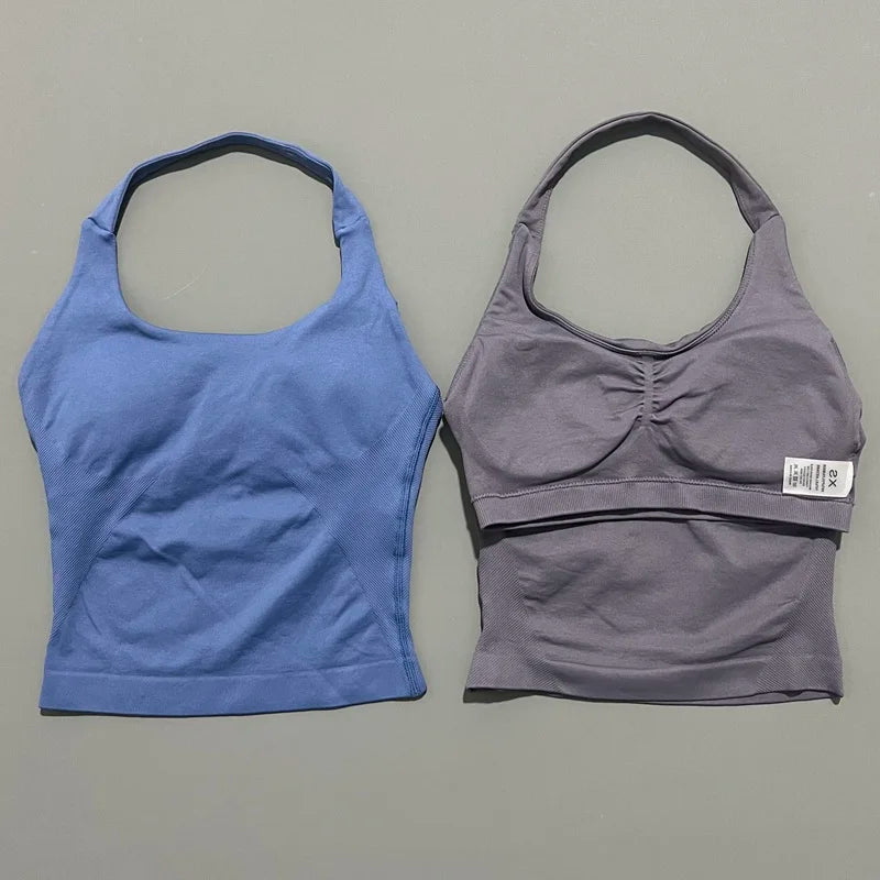 No Logo Women Halter Top Longline Strappy Tank Padded Yoga Clothing Fitness Running Activewear Gym Workout Tops - Daisan Mart