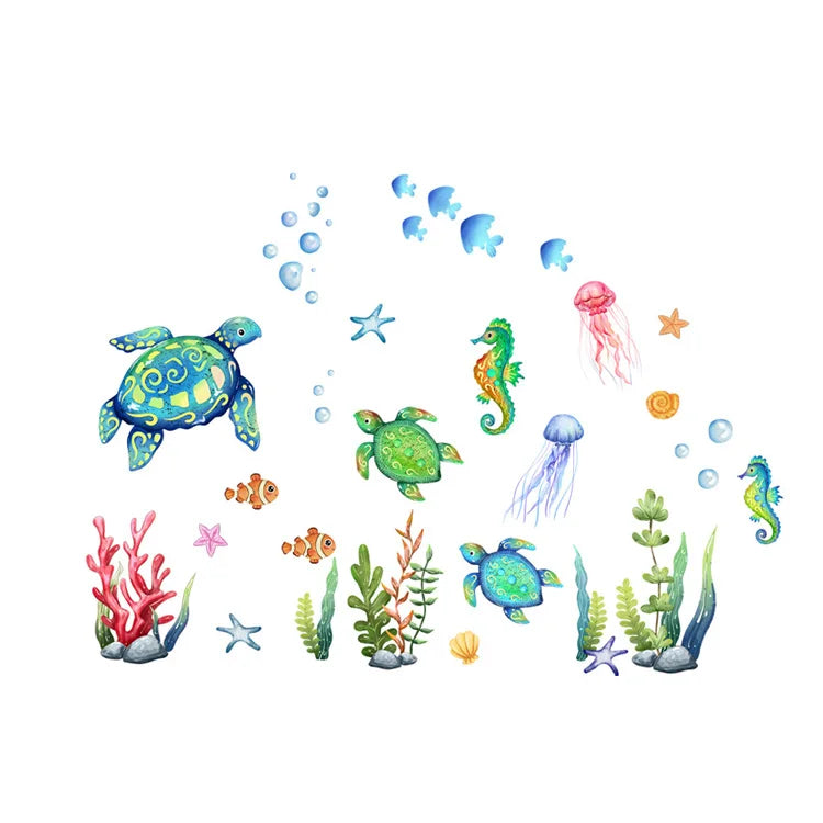 Cartoon Sea Turtle Seahorse Wall Stickers Kids Room Bathroom Decoration Mural Home Decor Self-adhesive Marine Animals Wallpaper