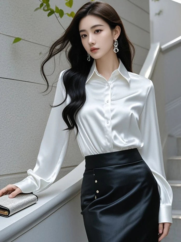 Áo Sơ Mi Lụa Công Sở Nữ Hàn Quốc Dáng Ôm Dài Tay - Daisan Mart