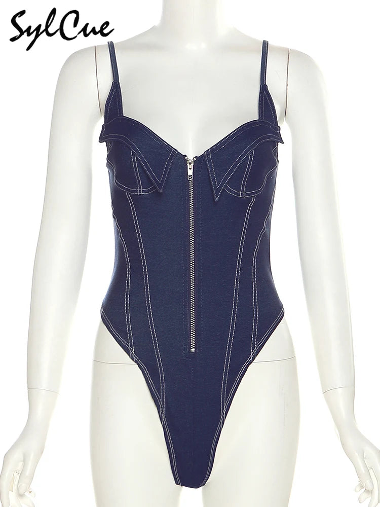 Sylcue 2023 Summer New Classic Retro Cool All-Match High Street Sexy Mature Charm Hot Women'S Zipper Jumpsuit Bodysuit