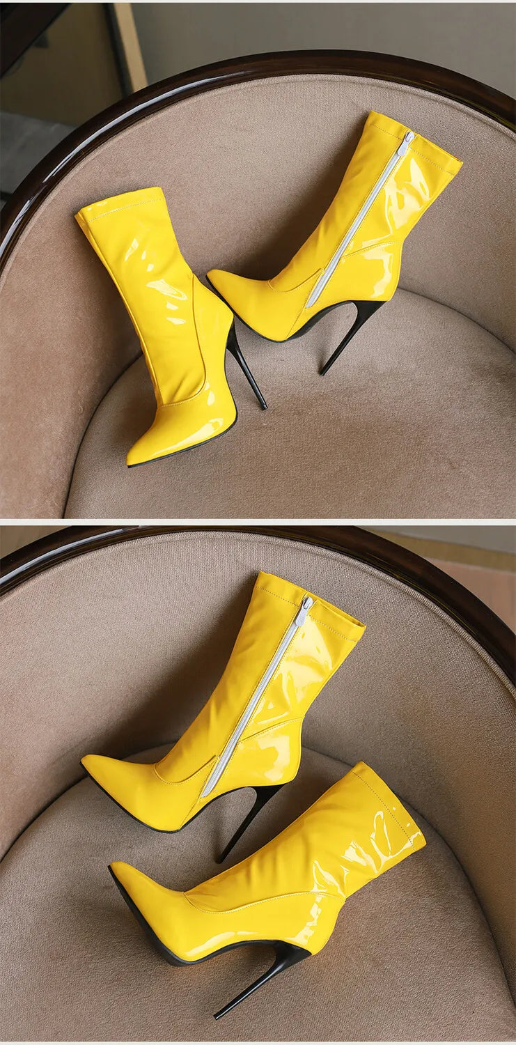 Women's Pointed Toe, Short Cut, Elegant Pointed Heel Patent Leather Boots