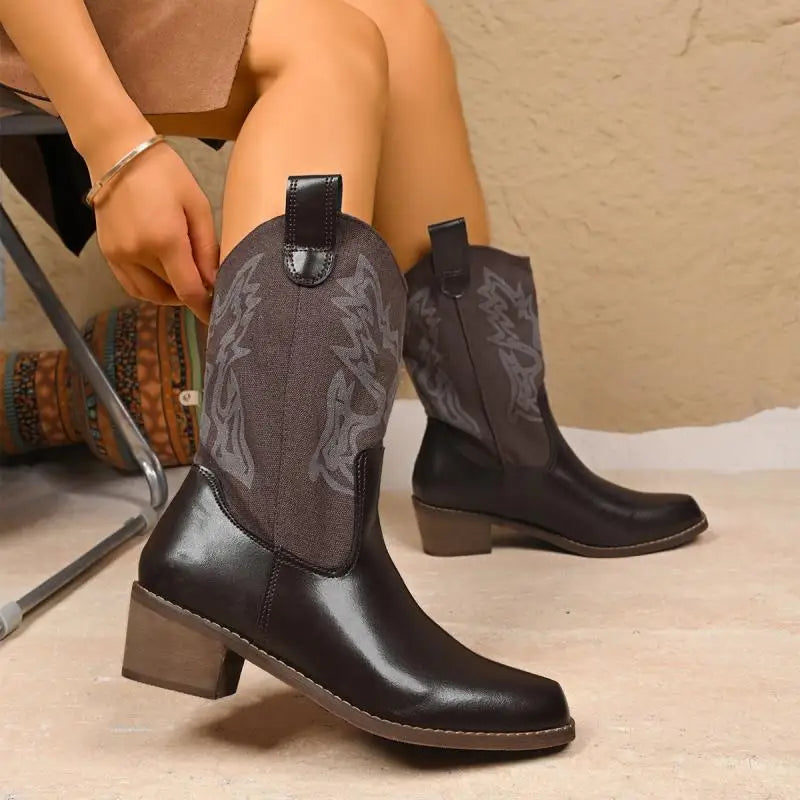 ###Bốt Da Cao Cổ Thêu Nữ 2025 - Phong Cách Viễn Tây