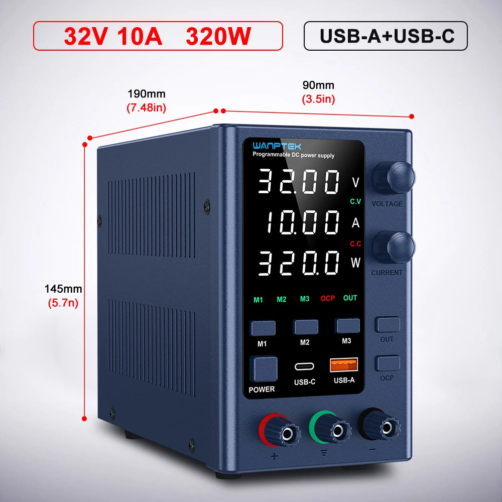 Wanptek Laboratory Power Supply Adjustable 30V 10A 60V 5A 120V 3A with USB Fast Charging Encoder Adjustment Lab DC Power Supply