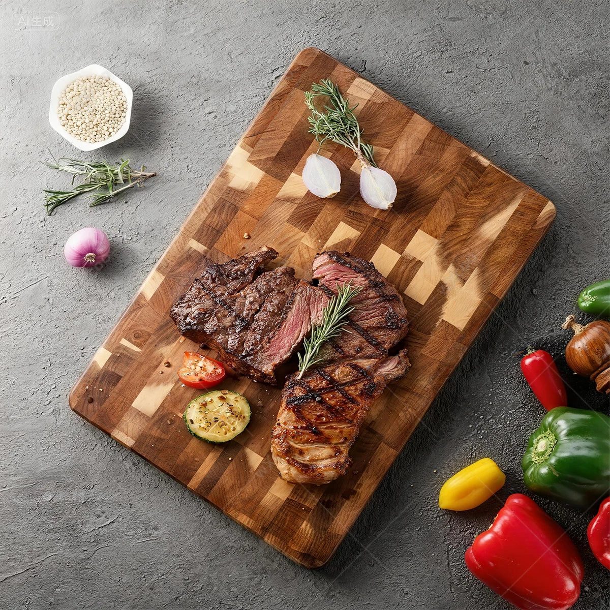 Multi-purpose Acacia Wood Cutting Board &amp; Stainless Steel Knives and Cutlery Set for Kitchen