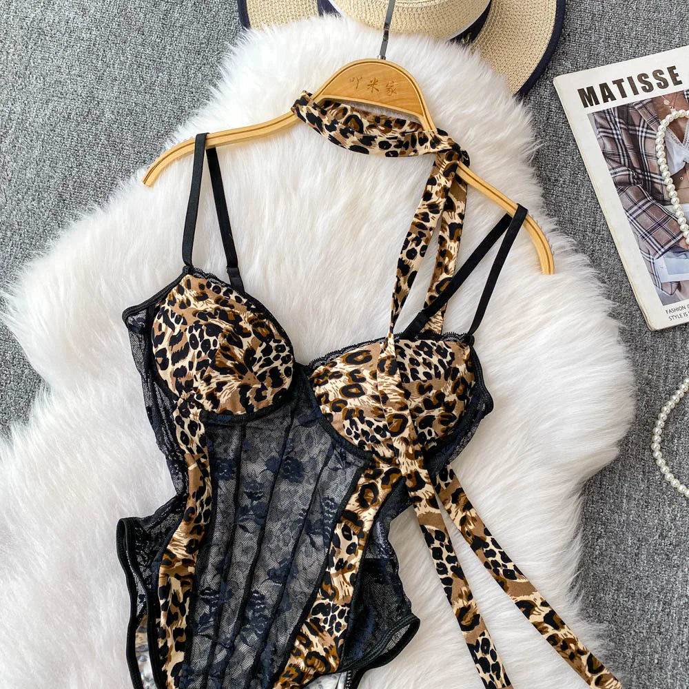 Women Hotsweet V-neck leopard slim Vintage Straps Bodysuits Chic lace Jumpsuits Slim Top Clothing