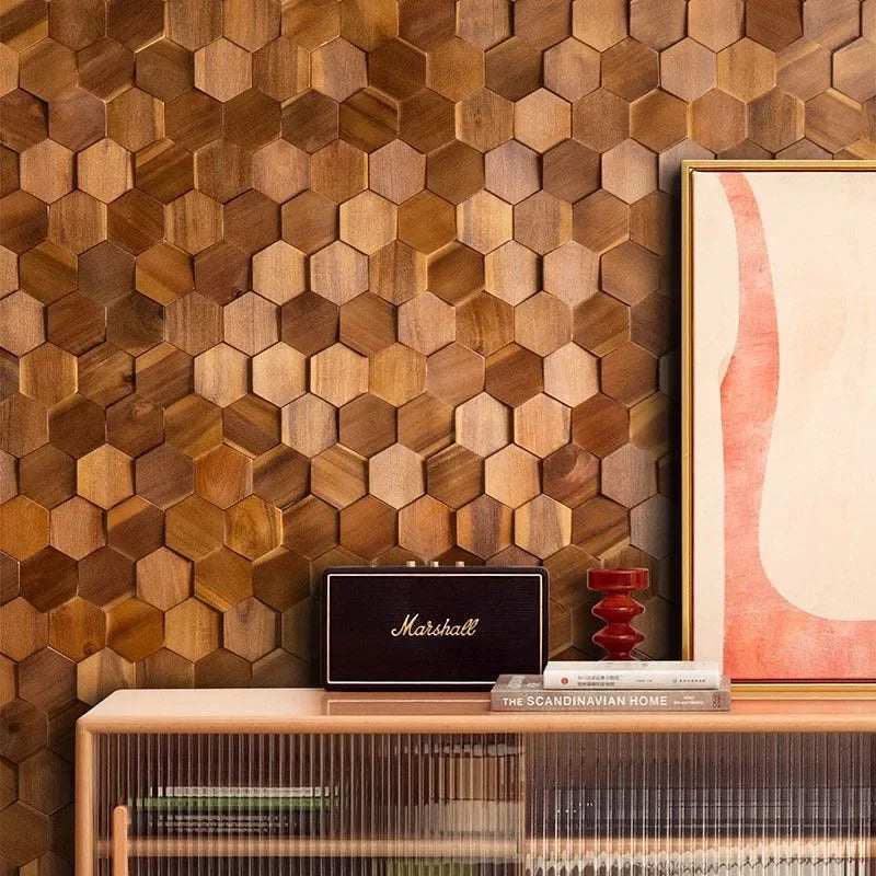 Walnut Wood Mosaic Tile Wall Sticker for TV Background Art Wall Decoration Modern 3D Wood Hexagon Wooden Panel Wall Panel