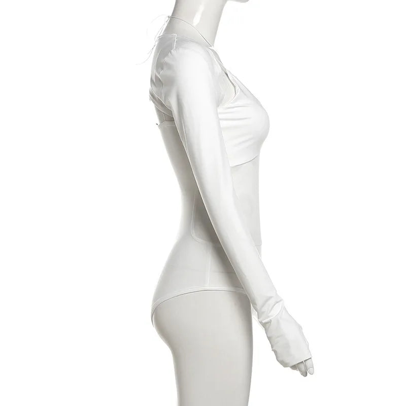 Goth Dark Cyber ​​Y2K Techwear Mall Gothic Hollow Out Straps Skinny Bodysuits With Long Sleeve Crop Shrug Tops Women 2 Piece Sets