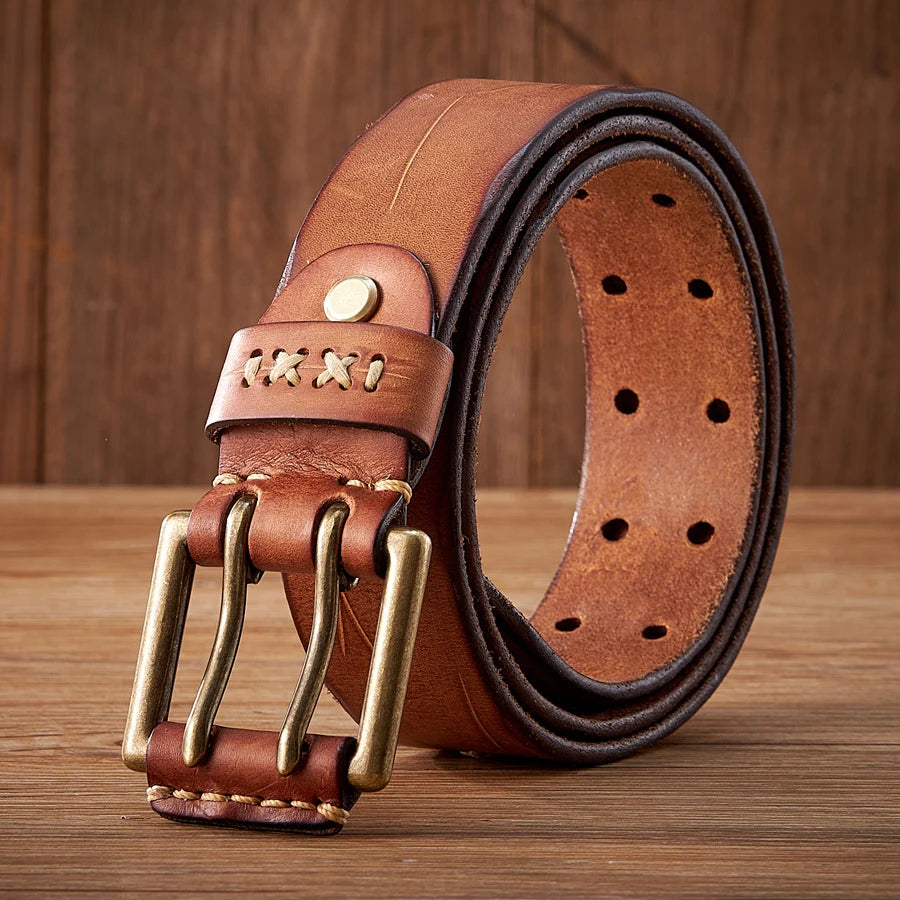 Men's military cowhide belt with double buckle, dusty style