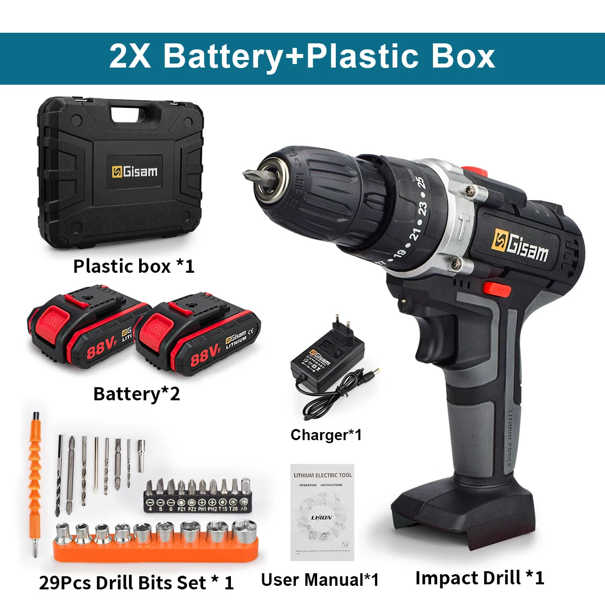 21V Cordless Drill Electric Impact Drill Rechargeable Electric Screwdriver Lithium-Ion Battery 2 Speed ​​DIY Driver Power Tools