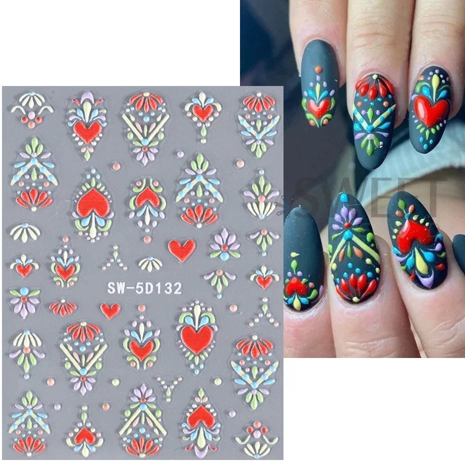 5D Colorful Daisy Flower Nail Art Sticker Lace Heart Spring Hollow Petals Boho Style French Engraved Slider Manicure Decorations - Daisan Mart