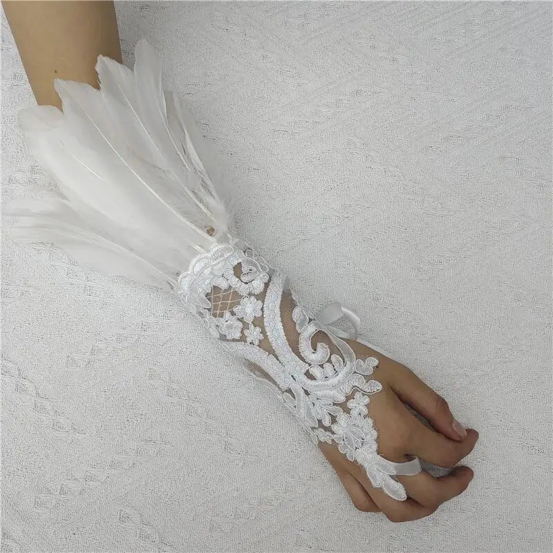 Mesh Gloves Women Halloween Lolita Cosplay Y2k Feather Cuffs Fingerless Mittens Lace Black Long Rave Accessories Feather Apparel - Daisan Mart