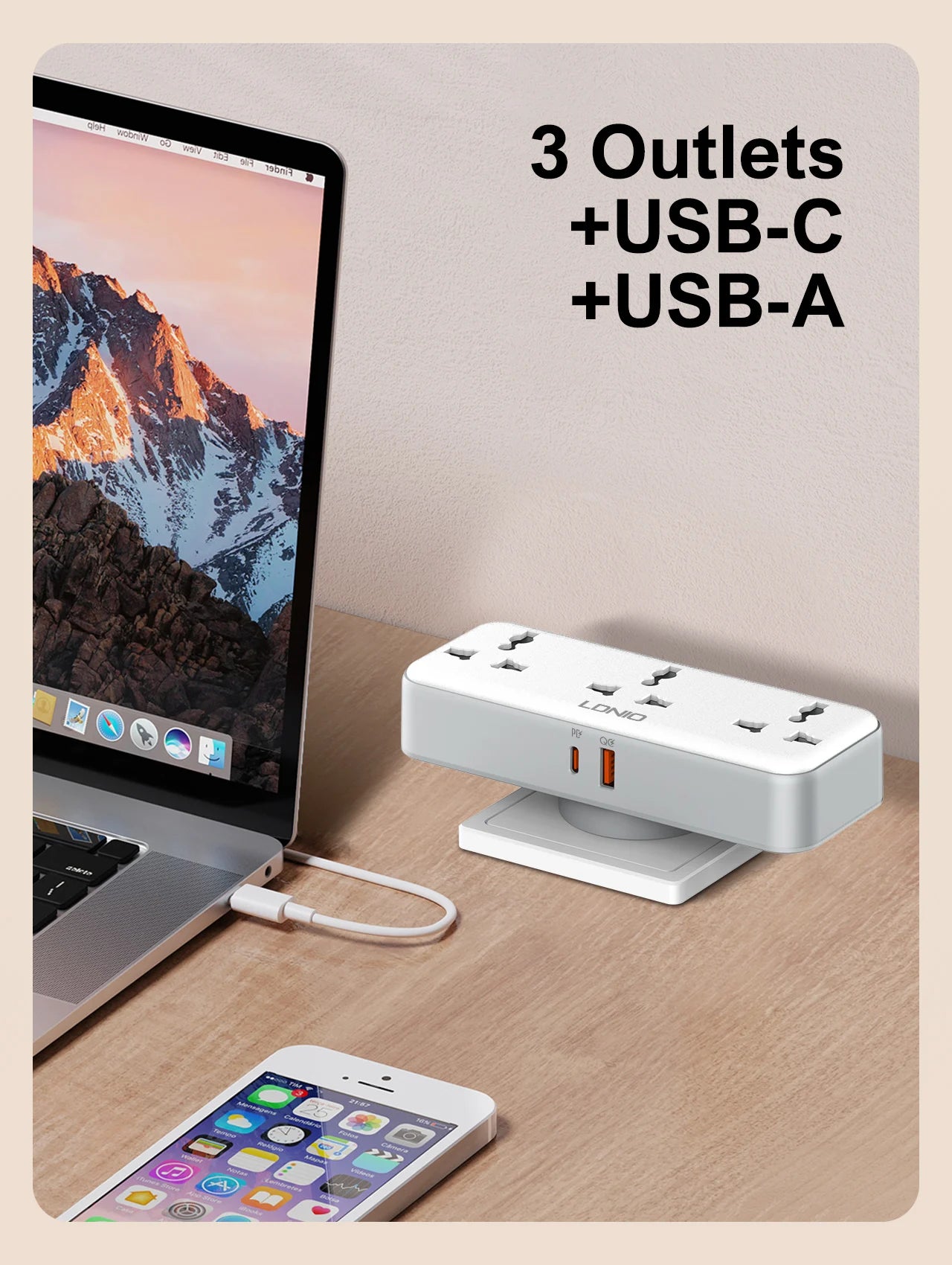 Ổ Cắm Đa Năng 3 Lỗ Xoay, USB A/C, Không Dây Nối