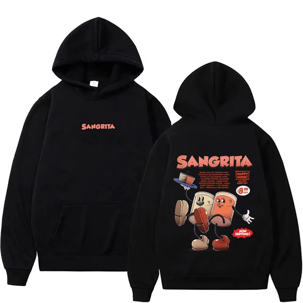 Áo hoodie đen với chữ "SANGRITA" đỏ ở trước, sau có hình nhân vật hoạt hình vui nhộn.