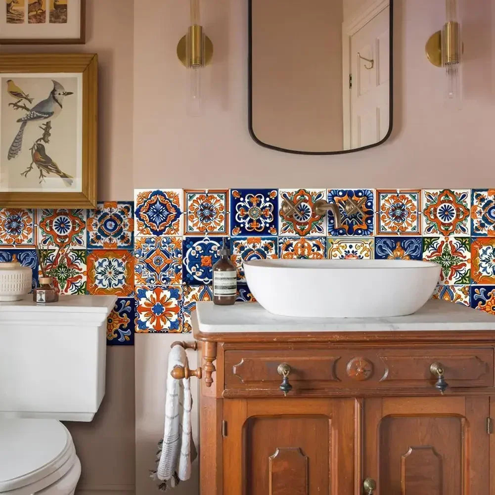24pcs Morocco Style Colorful Retro Tiles Wall Sticker Kitchen Bathroom Tile Waist Line Wallpaper PVC Waterproof Art Mural
