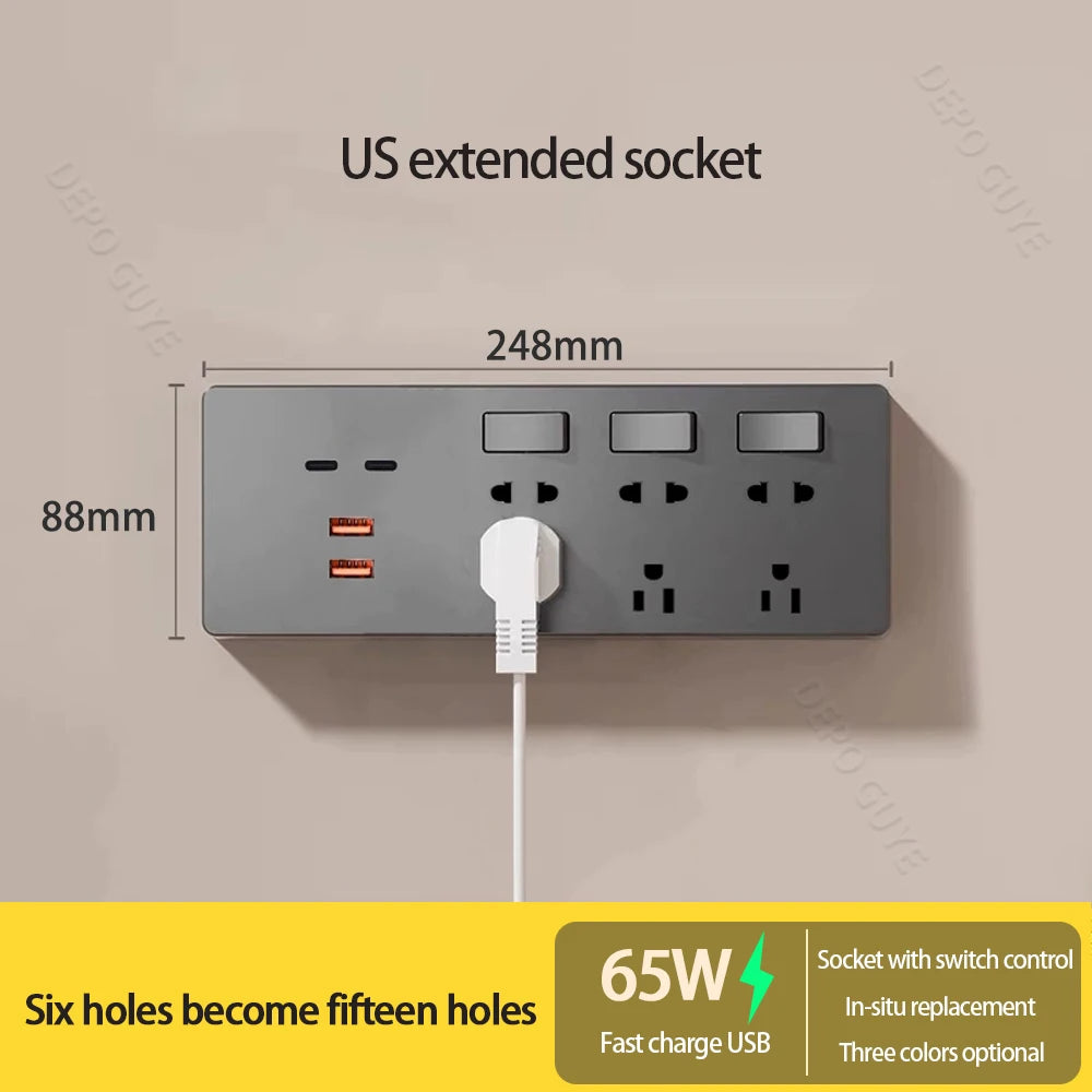 US Mexico Standard Expand Socket,Universal Five Hole 65W Fast Smart Charge USB Port Outlet,UK Wall Power Electric Wall Plug