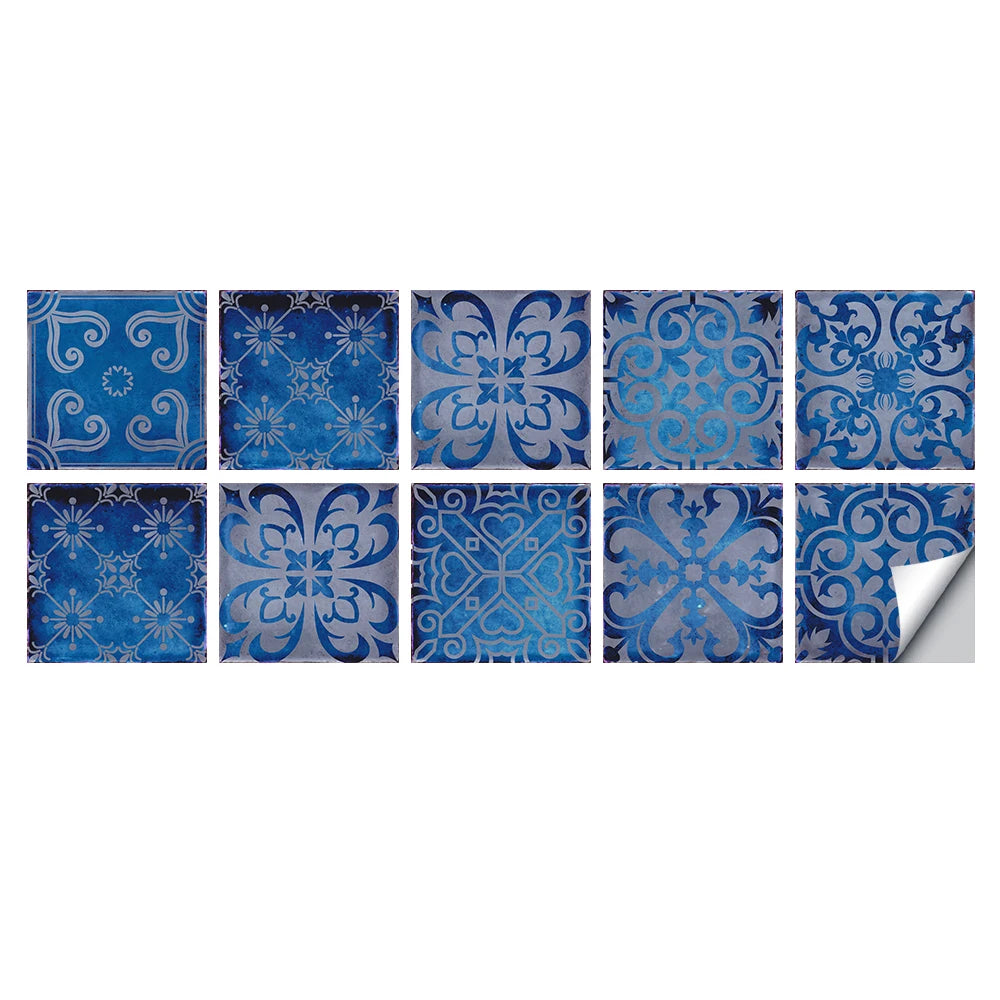 10pcs/set Dream Blue Tile Sticker Kitchen Backsplash Oil-proof Bathroom Waterproof Home Decor Wall Decals Peel &amp; Stick Art Mural