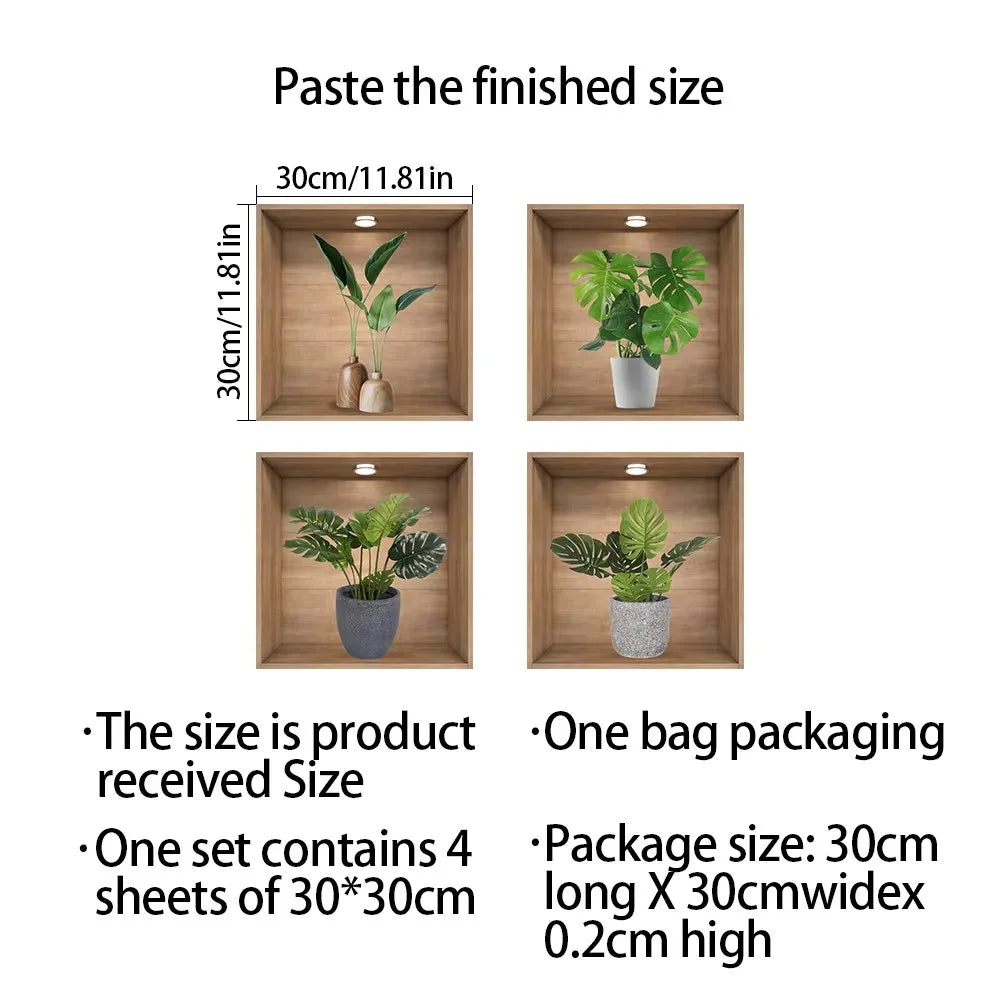 4pcs/set Simulated Plant Potted Plants Cabinet Decoration Wall Stickers Peel &amp; Stick Waterproof PVC Frameless Wall Art Mural