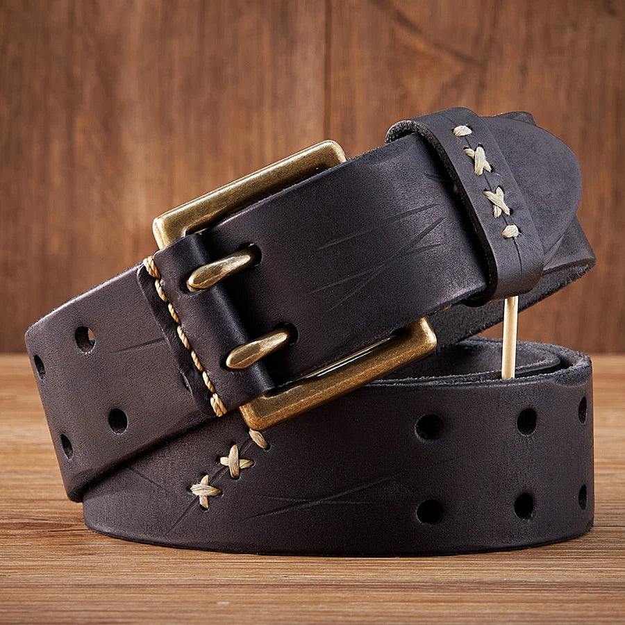 Men's military cowhide belt with double buckle, dusty style