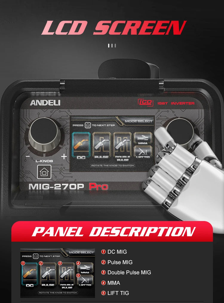 ANDELI weld machine MIG-270P PRO LCD Screen Double Pulse MIG Lift TIG MMA Spool Aluminum Welding DC Semi-automatic MIG Welder - Daisan Mart