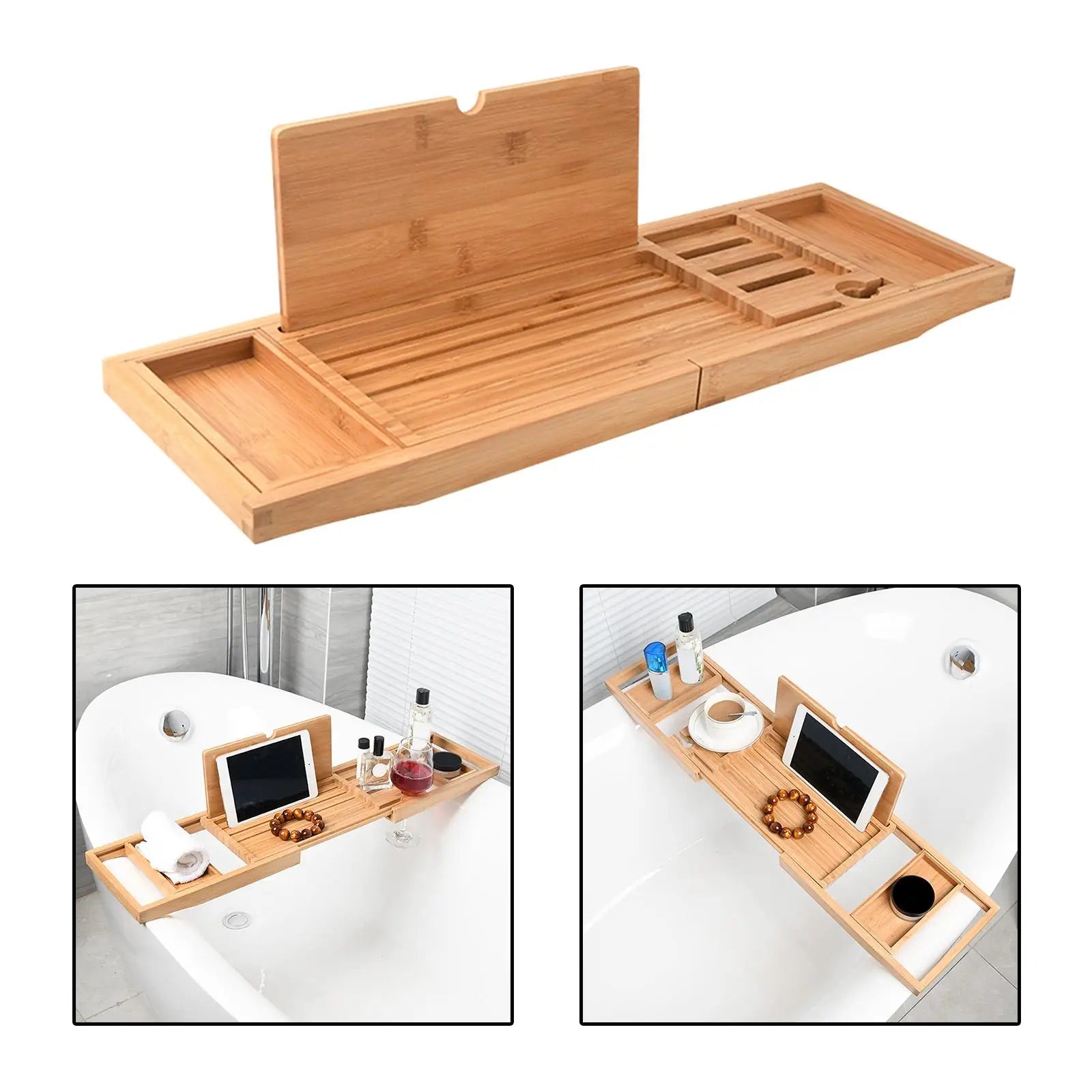 Multi-purpose wooden tray for bathtub, books and phones