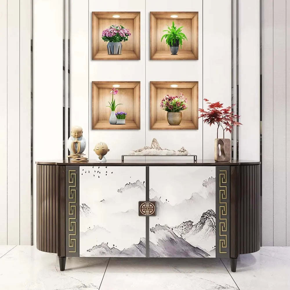 4pcs/set Simulated Plant Potted Plants Cabinet Decoration Wall Stickers Peel &amp; Stick Waterproof PVC Frameless Wall Art Mural
