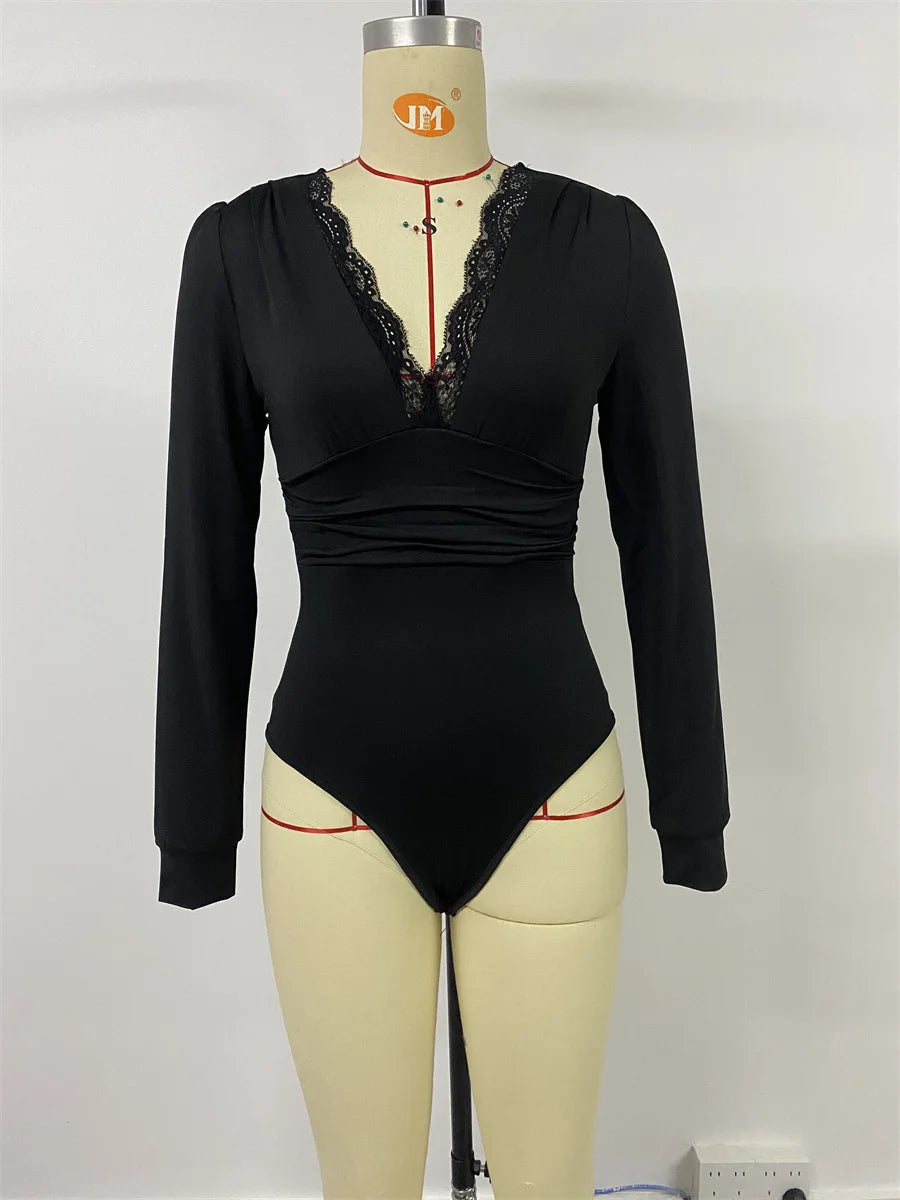 Benuynffy Sexy Deep V-neck Contrast Lace Bodysuit Women's Spring Fall Long Sleeve Club Party Elegant One-piece Body Tops - Daisan Mart