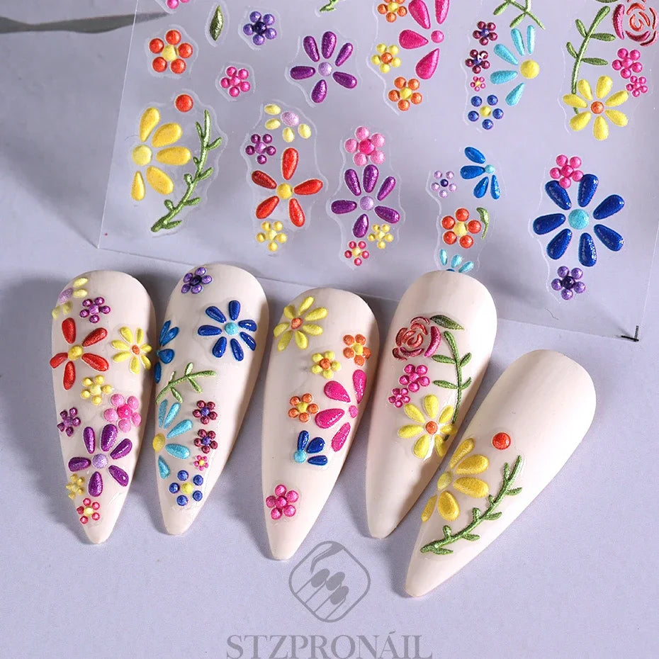 5D Colorful Daisy Flower Nail Art Sticker Lace Heart Spring Hollow Petals Boho Style French Engraved Slider Manicure Decorations - Daisan Mart