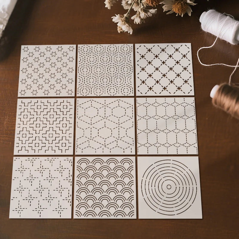 YOMDID 9pcs Sashiko Embroidery Templates Reusable PET Sewing Stencils DIY Embroidery Patterns Geometric Line Quilting Template - Daisan Mart