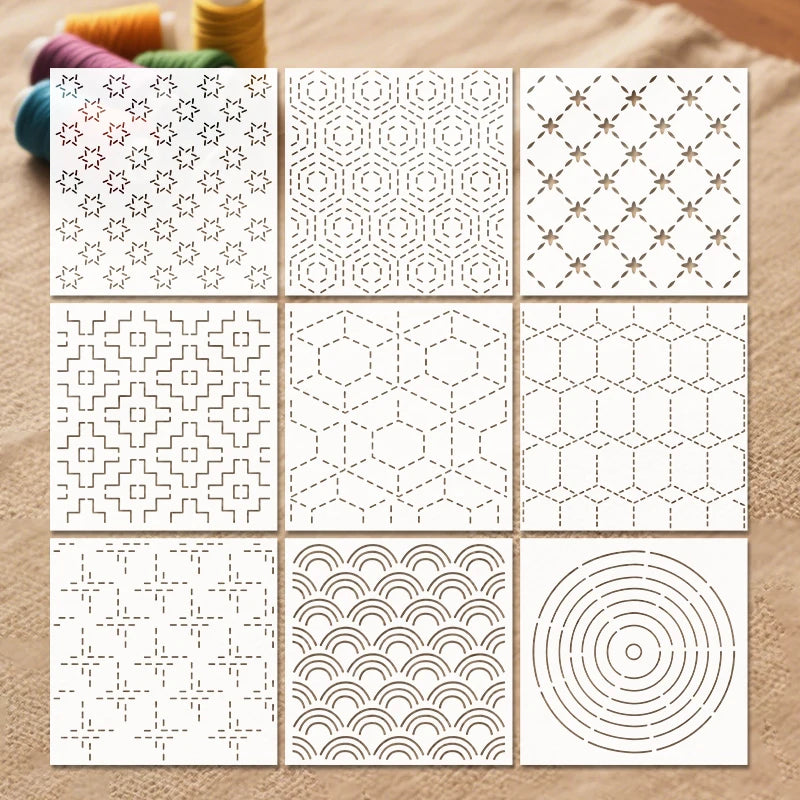 YOMDID 9pcs Sashiko Embroidery Templates Reusable PET Sewing Stencils DIY Embroidery Patterns Geometric Line Quilting Template - Daisan Mart