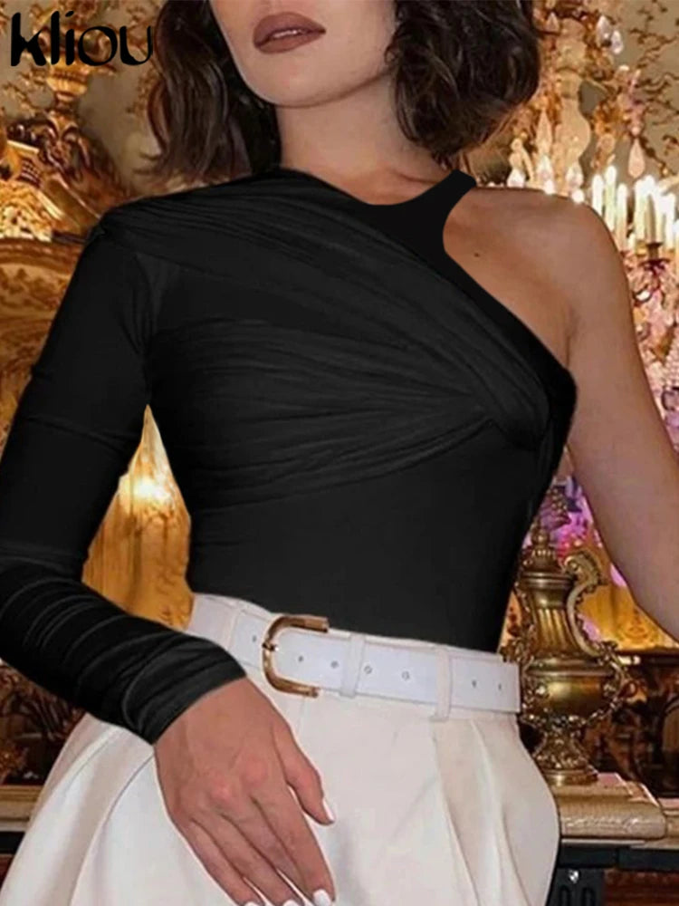 kliou Classic Solid Women Bodysuits Autumn All-matched Stacked Ruched Incline Shoulder Skinny Rompers Female Trend Street Tops